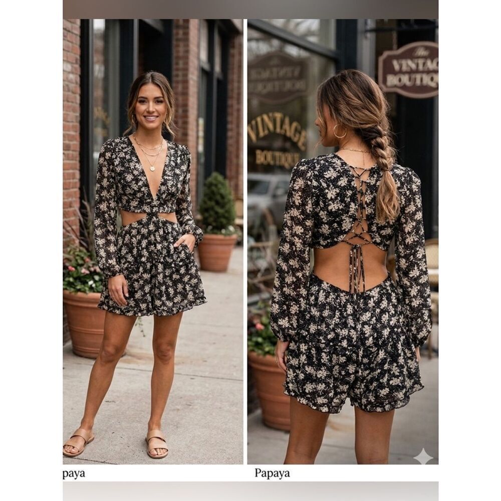 Papaya Boho Cutout Floral Romper Ruffle Long Sleeve Back Lace Up V Neck Size L